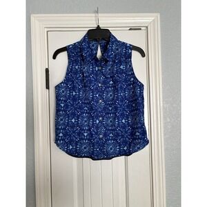 Maeve Anthropologie Sleeveless Button Front Blouse Blue Geometric Print Size 6‎